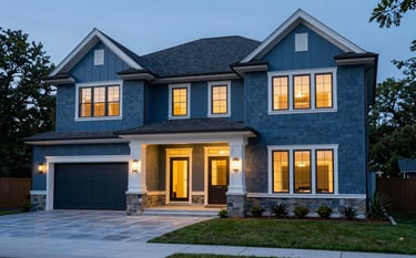 A professional exterior photograph of a fully renovated North American luxury home at dusk. The architecture blends classic slate blue siding with modern clean lines and sophisticated accent lighting.