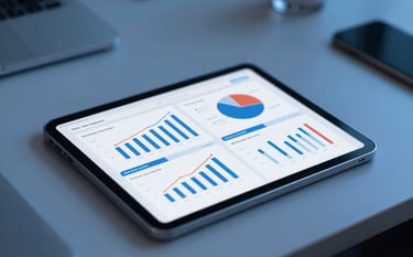 Close-up of a tablet on a sleek desk in a Middle Eastern / Gulf business hub, showing high-performance ad campaign metrics and ROI charts. The atmosphere is professional and results-driven with soft blue and royal blue lighting.