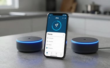 A focused shot of a smartphone screen displaying the Alexa app setup process next to a glowing Echo Dot with its blue light ring active. The setting is a modern North American kitchen with light grey tones and soft natural light.