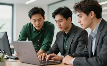 Technology experts in a North American / International corporate setting collaborating over a sleek laptop. A modern, innovative vibe with Deep Forest Green and Dark Charcoal clothing accents in a clean workspace.