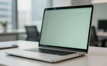 Close-up of a high-tech workstation in a North American / International city office, featuring a laptop and a soft-focus background. Lighting is professional and clean, highlighting Muted Sage Green and Pale Mist elements.