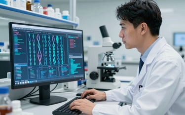 A professional scientist in a white lab coat working in a sleek North American research facility. The subject is looking at a high-resolution monitor displaying complex genomic data patterns in deep blue and light blue hues. The scene is bright and meticulously organized.