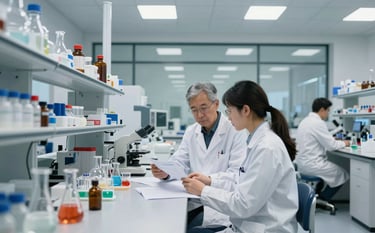 A wide shot of a collaborative genomic laboratory environment in the US. Two researchers are discussing findings near a workbench with scientific glassware and specialized assays. The interior is modern with glass walls and professional blue accents.