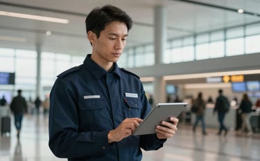 A professional driver in a smart uniform holding a digital tablet with a name on it at a British / UK airport arrivals hall, modern architecture background, soft natural lighting.