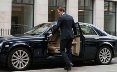 A person in professional business attire entering a premium dark navy executive car outside a modern British / UK office building, sleek and professional atmosphere.
