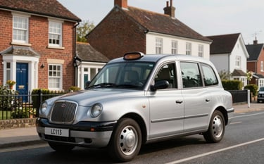A professional silver saloon taxi driving through a clean residential street in the British / UK town of Dartford, bright morning light, professional commercial photography style.
