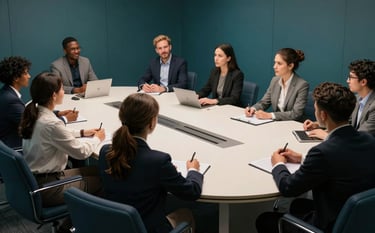 A diverse group of young professionals in a sleek, modern conference room with deep teal accents. They are engaged in a mock interview session. The lighting is bright and professional, highlighting a collaborative atmosphere with soft off-white surfaces and dark navy blue seating.