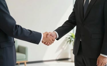 A person shaking hands with a hiring manager in a minimalist, high-end lobby. The scene is lit by soft, natural light and features a clean aesthetic with soft off-white walls and sage green decor. Both individuals are dressed in professional attire, suggesting a successful job placement.