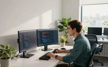 A professional tech developer working in a modern, bright office environment. They are using a multi-monitor setup with code visible on the screen. The room features soft off-white walls, sage green plants, and furniture in deep teal and dark navy blue tones. Natural sunlight streams through a large window, creating a clean and empowering atmosphere.