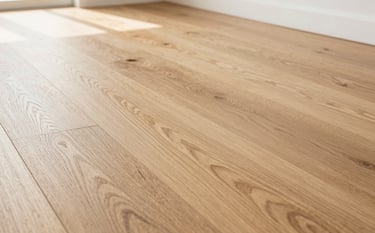 A close-up photograph of a masterfully installed light oak hardwood floor in a bright, modern North American home. The low-angle shot highlights the meticulous wood grain and smooth matte finish under soft, natural morning light.