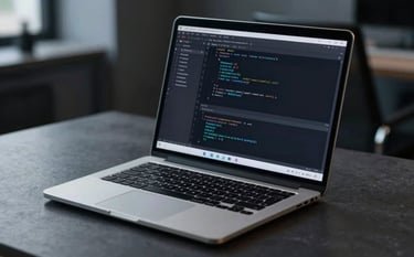 A close-up photograph of a sleek, high-end laptop on a dark slate grey desk. The screen displays a minimalist code editor with soft teal syntax highlighting. The environment is a modern, dimly lit office with subtle slate blue lighting accents.