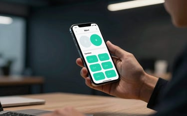 A professional in a modern workspace holding a sleek smartphone. The screen shows a sophisticated app interface with teal buttons. The background is a dark navy architectural space with soft, cinematic lighting.