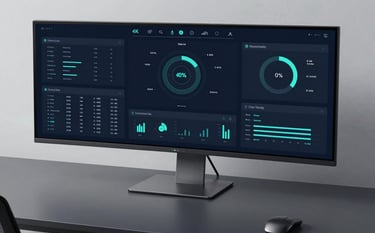 A wide-angle shot of a premium dashboard interface displayed on a large 4K monitor. The interface features dark navy panels and soft teal data visualizations. The desk is clean and minimalist in a dark slate grey theme.