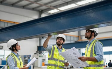 A South American industrial workshop where engineers in safety vests and helmets are inspecting a large steel beam construction. The setting is bright and professional with blueprints visible. The palette features deep navy and light azure tones.