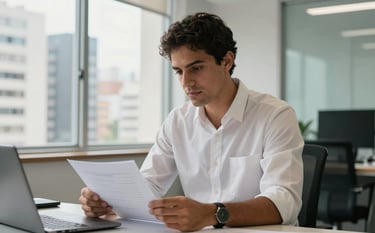 A focused Brazilian professional in a bright, modern office in São Paulo, preparing documents with a look of renewed confidence. The lighting is soft and professional, with a color palette of off-white and light teal. South American urban architecture is visible through the window.