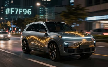 A luxury SUV driving through a dark city at night, with a glowing golden GPS path overlay and digital data overlays in #F7F9FA, sleek and futuristic aesthetic.