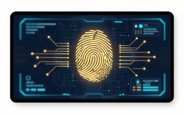 A high-tech digital security interface displaying a glowing gold fingerprint and circuit patterns on a deep #0A0A1A background with neon blue accents, sophisticated lighting, 8k resolution, cinematic style.