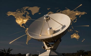 A futuristic satellite dish silhouetted against a night sky with golden light trails representing global connectivity, incorporating the VISAO STORE brand palette with #B8A066 glowing accents.