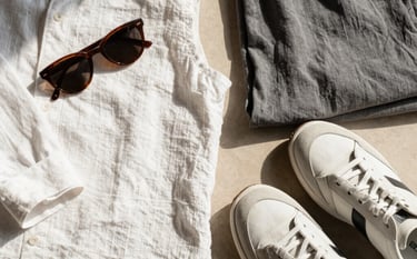 Sophisticated flat lay of South American summer fashion items, including sunglasses, designer sneakers, and dynamic linen apparel in white and slate gray, warm sunlight casting elegant shadows