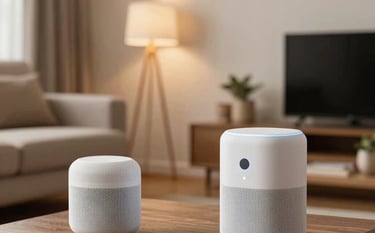 Clean, contemporary South American Brazilian living room interior with subtle smart home voice assistants and warm lighting, creating a comfortable, technologically advanced atmosphere