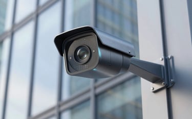 A sophisticated outdoor IP security camera with a dark metallic finish, mounted on the corner of a modern glass building. The lens reflects a clean urban environment. The design conveys advanced technological prowess with subtle #9BB6D5 highlights under bright daylight.