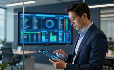 A professional North American consultant in a sophisticated glass-walled office, reviewing digital energy grids on a tablet. The color palette includes electric blue accents and deep navy backgrounds, conveying authority and technical expertise.