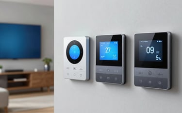 A sophisticated North American home studio featuring smart home energy monitors and modern tech. The lighting is bright and clean. Electric blue and slate grey elements throughout the room reflect a high-tech, trustworthy atmosphere for a professional creator.