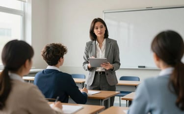 A focused high school teacher in a modern European classroom, using a tablet to explain a technology concept to students. The room is bright with steel blue and off-white accents, conveying professional authority and accessibility. Natural morning light enters from the side.