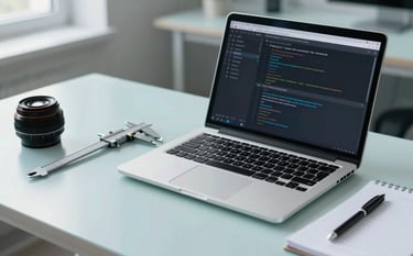 A professional desk setup in a bright European studio featuring a laptop displaying a clean programming interface. Beside the laptop are engineering tools like a caliper and a notepad, highlighted with light blue tones and soft lighting.