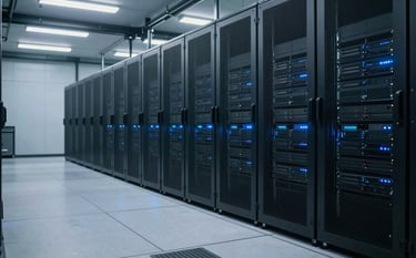 A wide-angle interior photograph of a state-of-the-art North American data center, featuring rows of server racks with soft blue ambient lighting and a clean, polished floor.