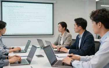 Photography of a brightly lit, modern corporate classroom in the United States, where adult professionals are engaged in a technical workshop with laptops and a digital whiteboard.