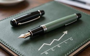 Close-up of a high-end fountain pen and a sophisticated financial growth plan on a leather desk pad in a South American / Brazilian executive office, shallow depth of field, colors of dark forest black and sage green, prestigious feel.