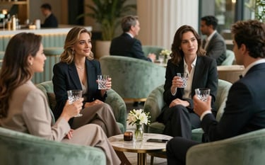 A group of elegant entrepreneurs networking in a sophisticated South American / Brazilian private club lounge, holding crystal glasses, wearing business formal attire, soft sage green furniture, luxurious atmosphere, soft cinematic lighting.