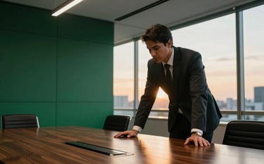 A focused professional in a modern South American / Brazilian corporate boardroom during a sunset, leaning over a polished dark wood table, warm natural lighting, with accents of dark emerald green and sage green in the office decor, high-end professional photography style.