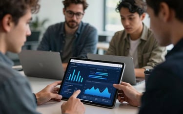 A professional photography shot in a North American tech hub, showing a group of professionals collaborating over a tablet. The screen displays a sophisticated productivity app with deep blue charts and sky blue accents, reflecting a modern and innovative workflow.