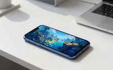 A high-quality photography shot of a sleek Android smartphone resting on a minimalist white desk in a sunlit North American office. The screen glows with a vibrant 3D mobile game featuring deep blue and sky blue environments. The composition is clean and professional.