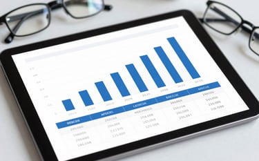 A digital tablet displaying a clean, professional financial bar chart and balance sheet. A pair of glasses sits nearby. The style is sharp and corporate, using #3F6C8A and #9CC0D9 tones to emphasize transparency, data clarity, and advisory excellence.