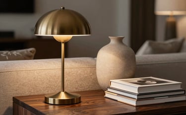 A close-up photograph of a beautifully decorated living space in a Southern European / Spanish (Madrid) luxury home. It features a bronze lamp, a minimalist beige vase, and a stack of art books on a dark wood table. The lighting is warm and atmospheric, highlighting the rich textures.