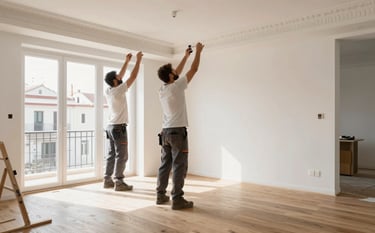 A high-end, bright apartment renovation in progress in a luxurious Madrid neighborhood. The scene shows minimalist white walls, premium oak flooring being installed, and professional craftsmen in clean attire working on a detailed ceiling moulding. Soft morning light enters through large balcony doors typical of Southern European architecture.