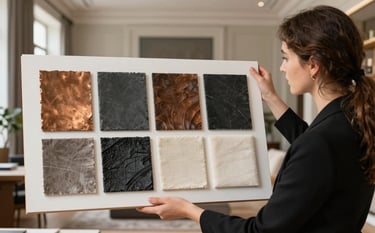 A sophisticated and minimalist interior design studio setting in Madrid. A professional designer is presenting a mood board with textures of bronze, dark slate, and cream fabrics. The background features a blurred view of an elegant, high-ceilinged room in a Southern European / Spanish (Madrid) building.