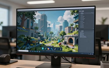 A creative game development office in a North American / International city. A widescreen monitor showcases a lush 3D environment for a modern video game. The lighting is crisp, emphasizing soft cloud gray and dark steel blue accents.