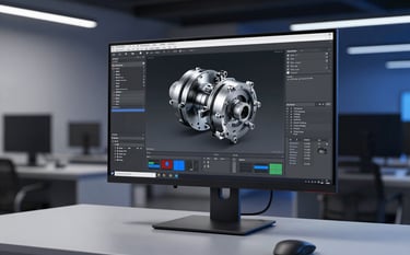 A sophisticated industrial design studio in a North American / International tech park. A large high-resolution monitor displays a complex 3D engine component being refined. The workspace is clean and modern, illuminated with soft cloud gray and deep midnight blue lighting.