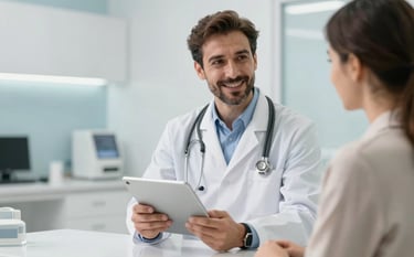 A professional and friendly doctor in a modern clinic in a Turkish city, wearing a white coat and holding a digital tablet, speaking with a patient. The background is a clean, bright medical facility with light blue and off-white tones. Middle Eastern / Turkish setting, soft natural lighting, high-end photography style.
