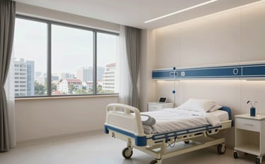 A bright and spacious private hospital room in a modern Turkish medical center. Large window with a city view, clean design, off-white and navy blue accents. The atmosphere is peaceful, professional, and high-tech. Real-world photography, daylight.