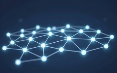 An abstract, sophisticated image showing a network of glowing nodes and interconnected lines representing a healthcare system. The composition is balanced and modern, using #4C6A89 and #9BB5CD to convey structure and trust. The lighting is soft, corporate, and clean.