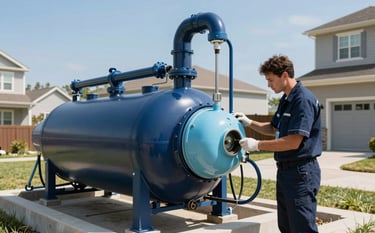Photography of a modern residential sewage treatment plant installation in a North American suburban backyard. A technician in a professional uniform is inspecting the sleek equipment. Bright daylight, clear blue sky, with a brand palette of deep navy and light blue accents. Professional and clean aesthetic.