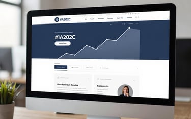 A large desktop monitor showing upward trending growth analytics and a robust e-commerce website design. Mood: Authoritative yet approachable, results-oriented. Colors: #1A202C, #3A607C, #9DB2BF, #F7F9FB.