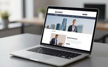 A sleek silver laptop displaying a beautiful multi-page business website, resting on a sophisticated office desk. Mood: Confident, professional, and sophisticated. Palette: #1A202C, #3A607C, #9DB2BF, #F7F9FB.