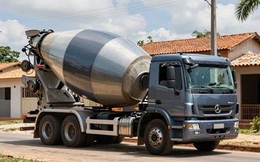 A clean, modern ready-mix concrete truck delivering material to a residential construction site in a South American / Brazilian neighborhood. The truck features professional branding in dark slate charcoal and muted steel blue. The background shows a bright day in Brasília.