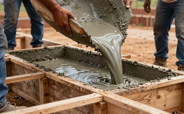 Close-up action shot of liquid concrete being poured into wooden formwork for a building foundation at a large construction site in Brasília, DF. Professional workers in a South American / Brazilian setting supervise the pour. Lighting is bright, emphasizing the robust texture of the concrete.